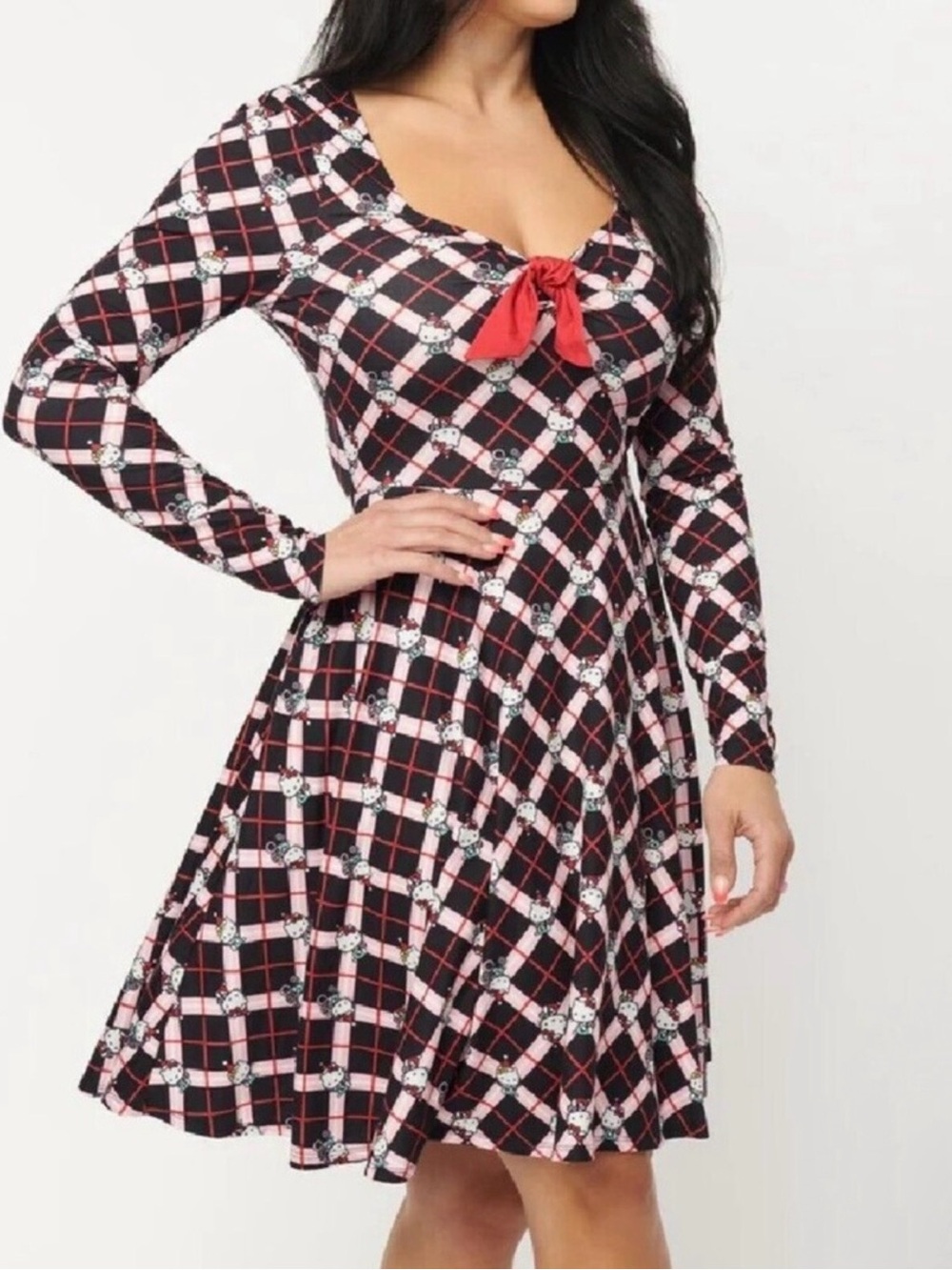 Unique vintage hello Kitty Plaid Long-Sleeve Fit & Flare Dress small nwt pockets
